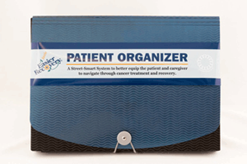 blue file folder with flip-top and label with text Patient Organizer